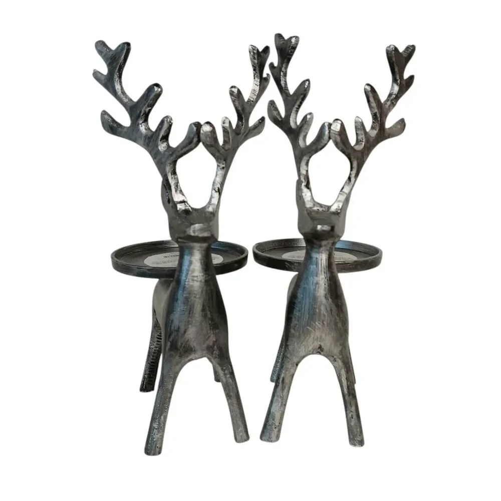 2 Silver Metal Deer Pillar Candle Holders By Pier 1 Reindeer Christmas Holiday